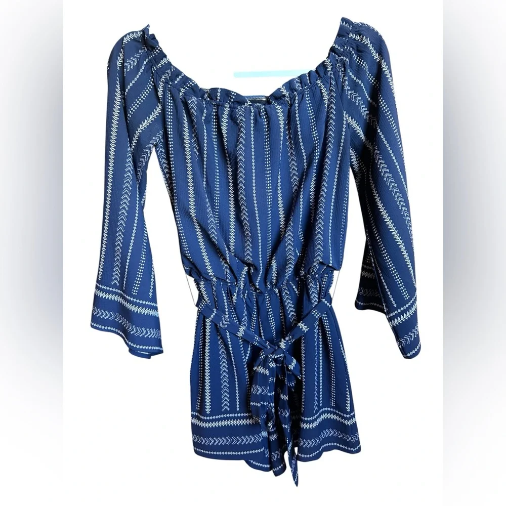 TRAC Blue Striped off the Shoulder Romper - Picture 2 of 6